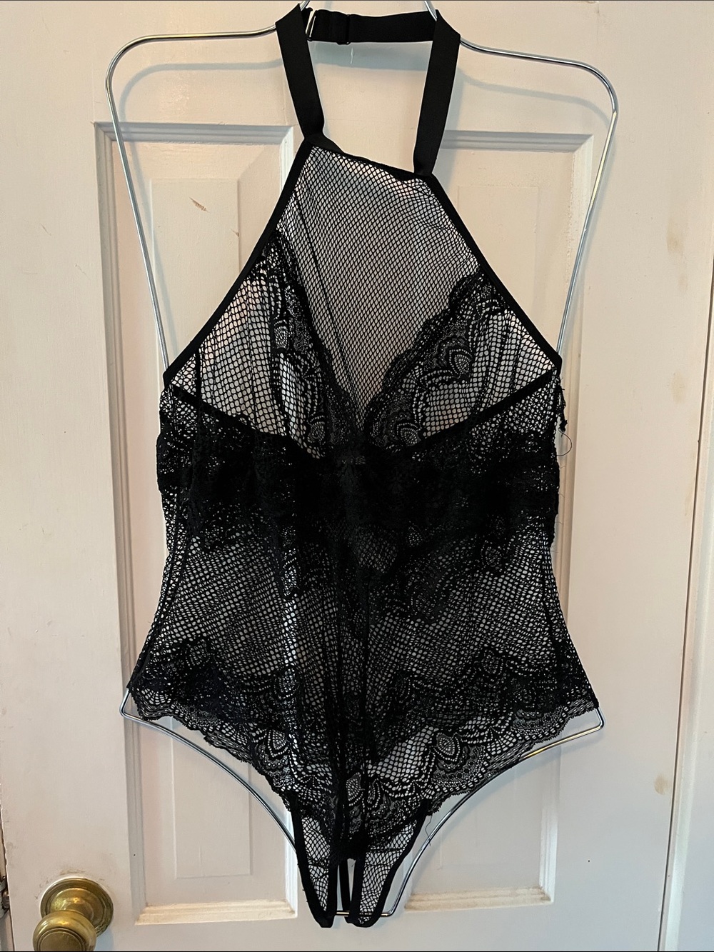 Black Lace & Mesh Halter Chemise Bodysuit